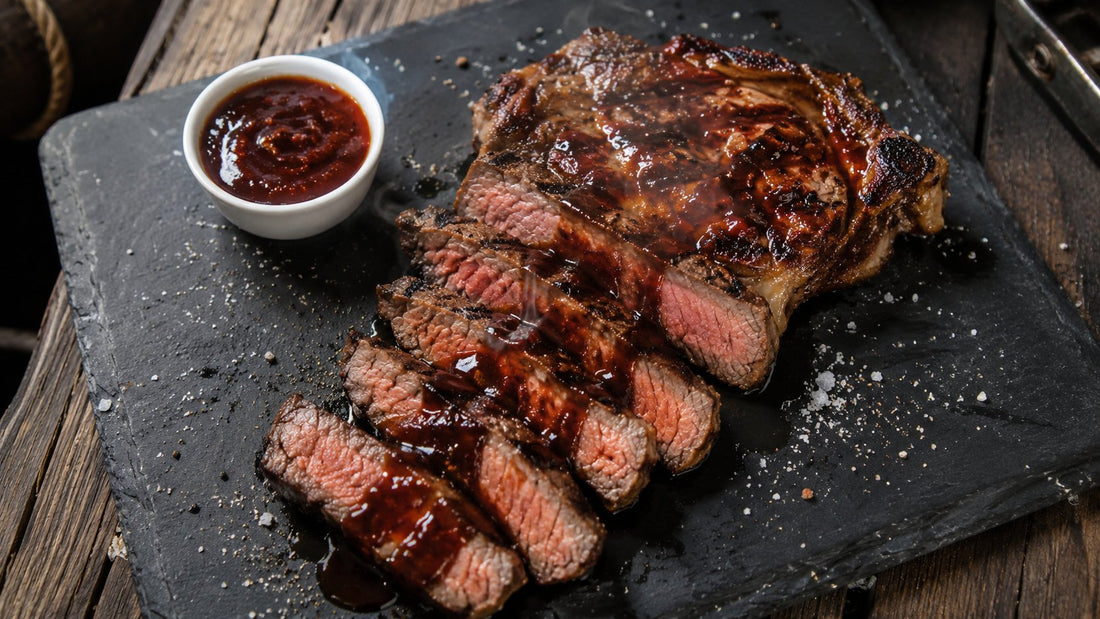 Grilled ribeye sliced on slate with The Kingmaker steak sauce