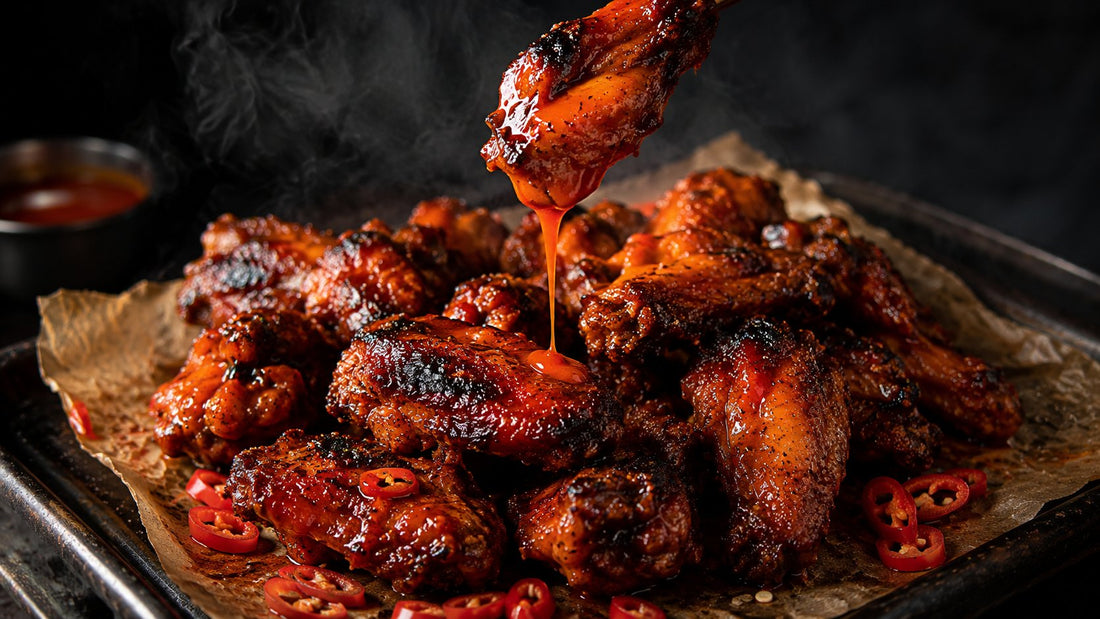 Charred grilled wings glossed in fiery scorpion pepper hot sauce