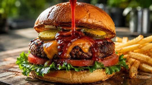 Spicy ketchup pouring onto a gourmet cheeseburger