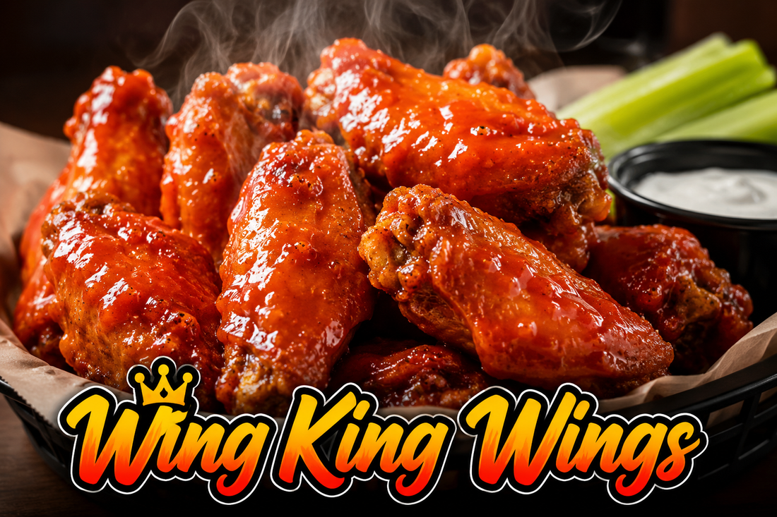 Basket of crispy buffalo wings glossed in Wing King buffalo wing sauce with celery and dip